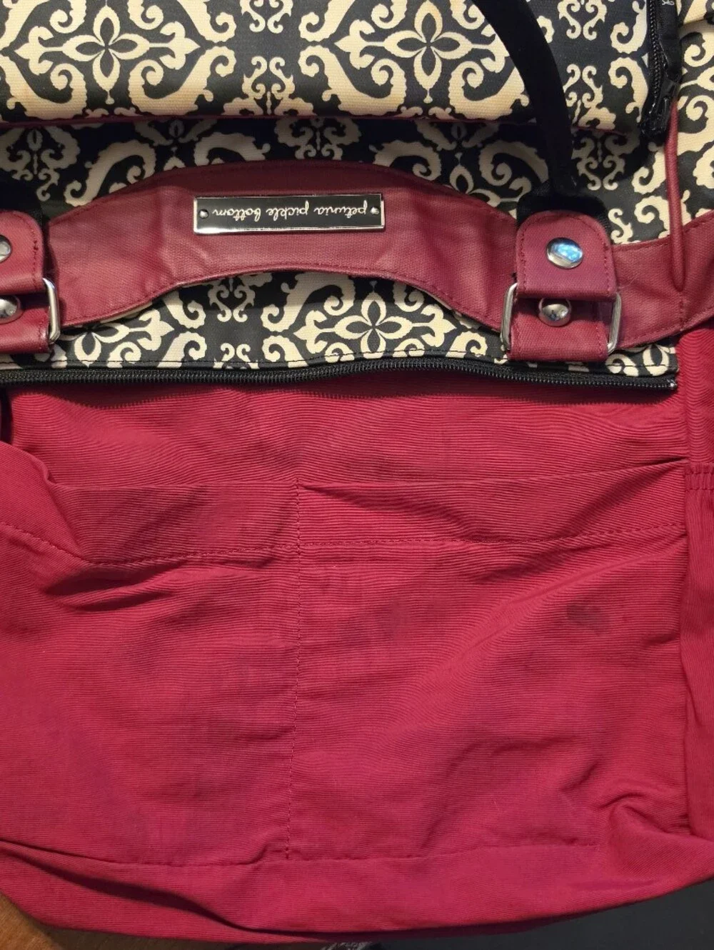 Petunia Pickle Bottom Glazed Touring Tote Diaper Bag Black Cream Damask Red